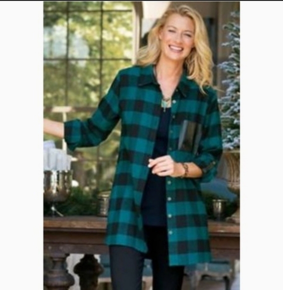 Soft Surroundings Oversized Buffalo Black and Teal Plaid Flannel in Size… - Picture 1 of 8